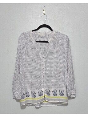 Lucky Brand Blouse Large L White Blue Polka Dot Floral Border Button Loop Boho
